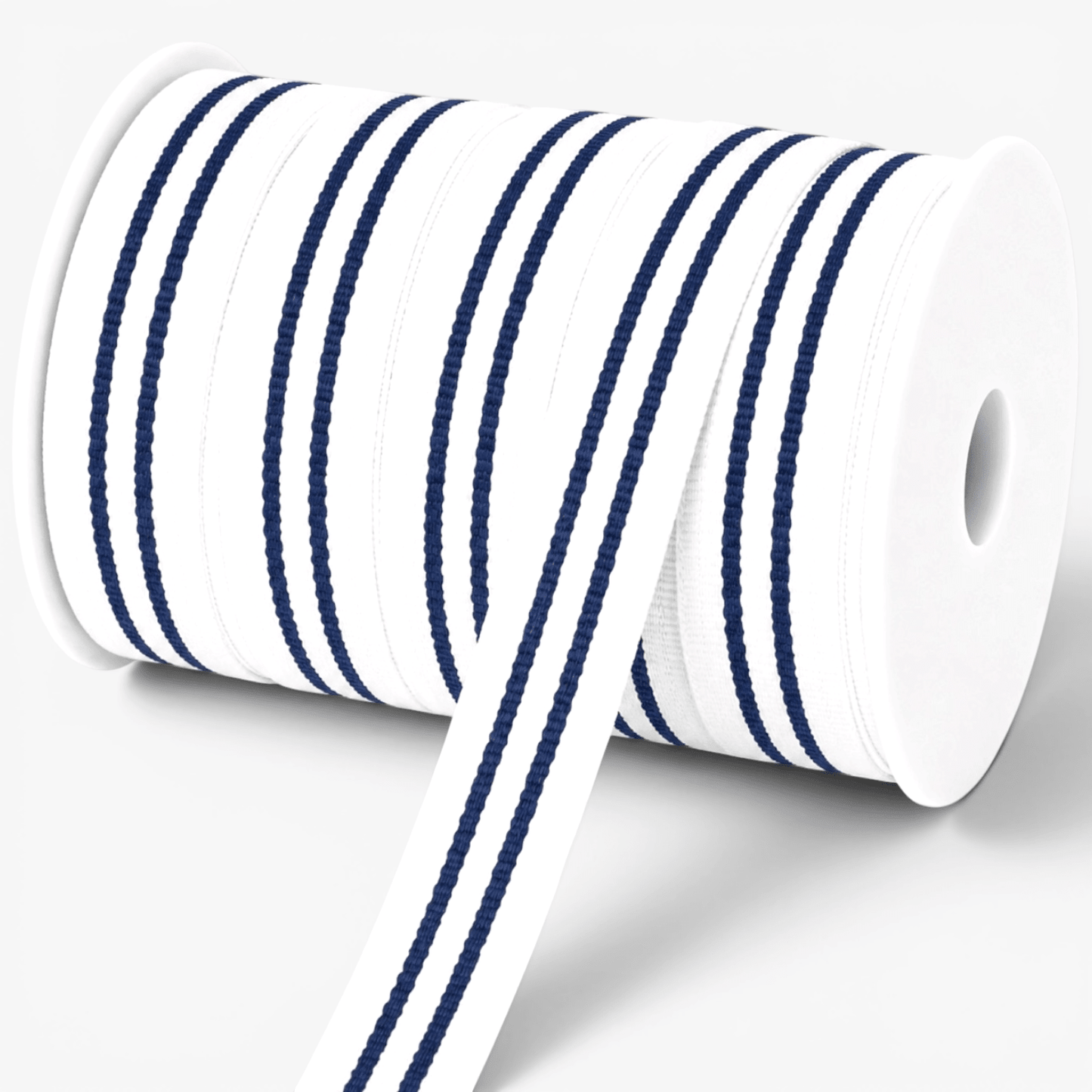 Polyester Tape 15mm White / Navy Stripe - Ragland Fabrics