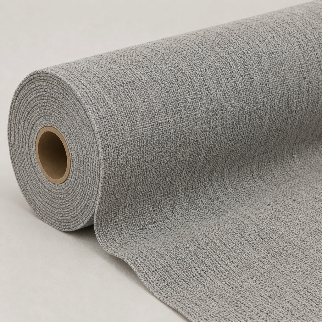 A roll of light gray European Upholstery fabric, partially unrolled to show its textured surface, set against a plain light gray background.