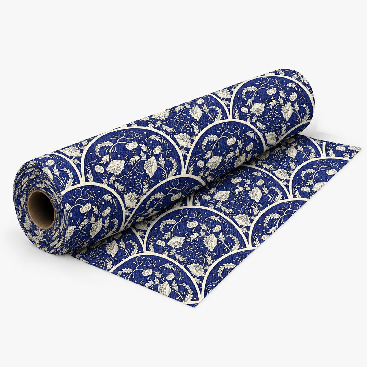 Box Weave Furnishing Blue Plates fabric roll with softly shadowed drape on light grey background