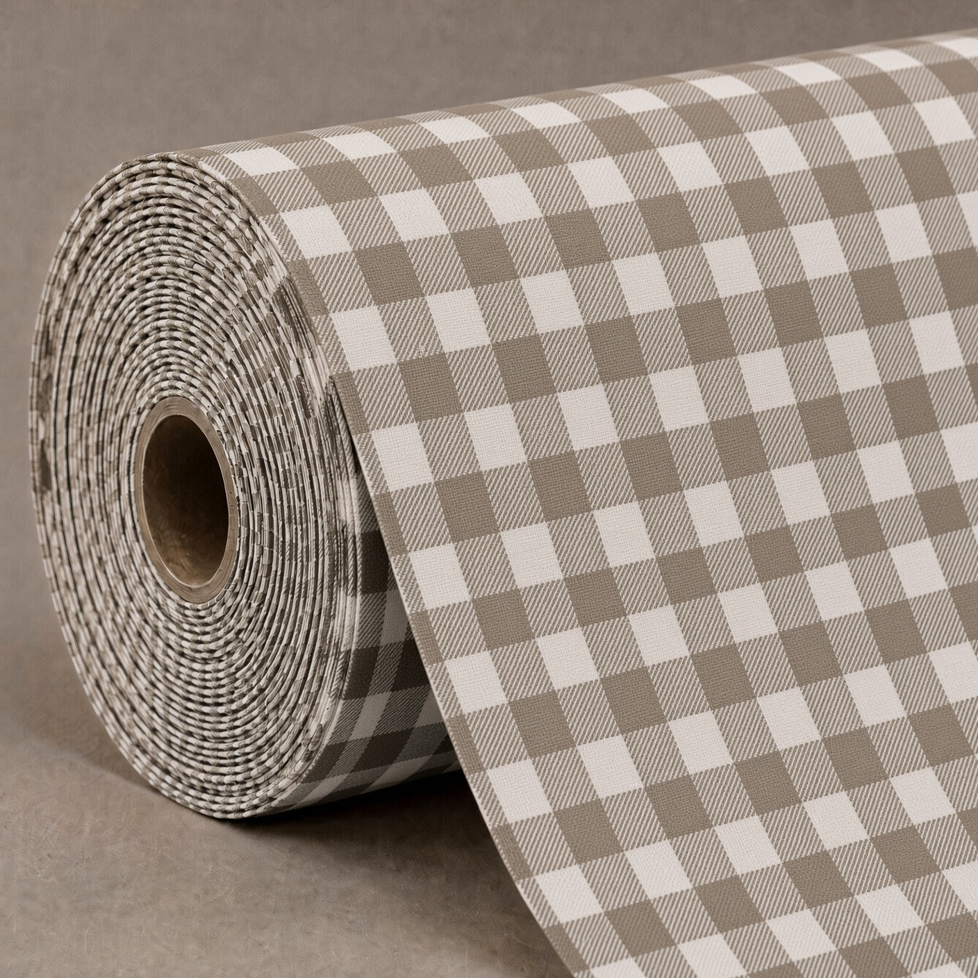 A roll of gingham patterned wallpaper or fabric, featuring a classic brown and white checkered design, shown partially unrolled on a neutral gray background.