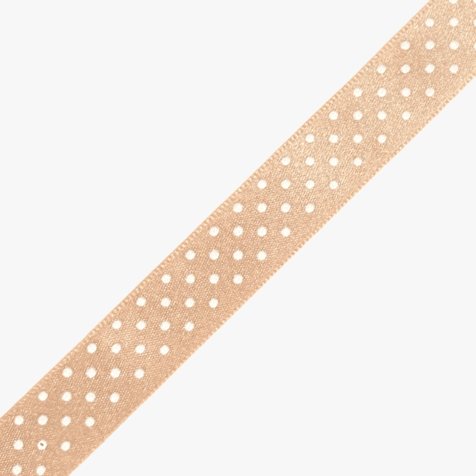 Printed Satin Ribbon 15mm Peach w/ White Dots CLOSEOUT - Ragland Fabrics