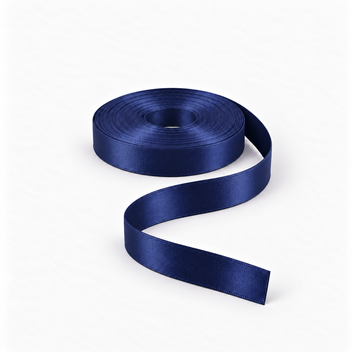 Satin Ribbon 15mm Navy #13, flat coil with flowing S-shaped satin ribbon.