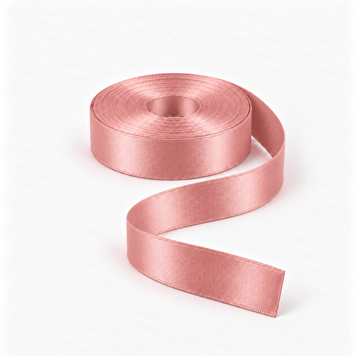 Satin Ribbon 25mm Dusty Pink #60, flat coil with flowing S-shaped satin ribbon.