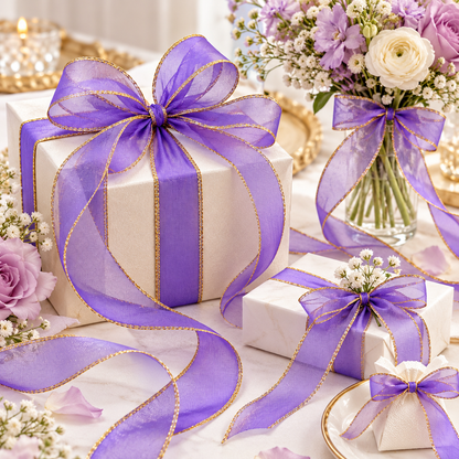 Last Of The Bests | Organza Ribbon 38mm | Purple & Gold Fishtail Edge