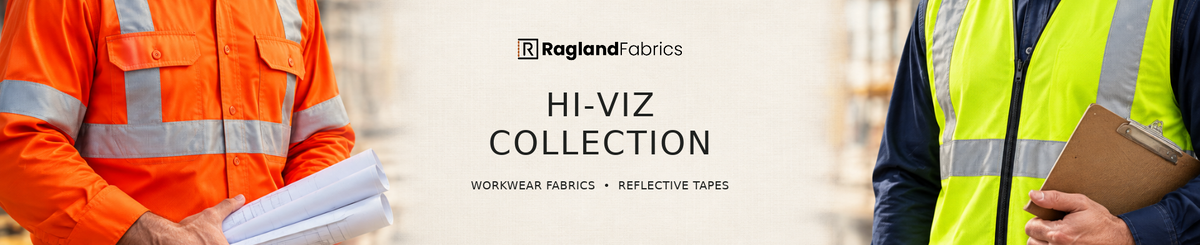 Ragland Fabrics Hi-Viz Collection — workwear fabrics and reflective tapes, illustrated with orange workwear and a lime reflective vest.