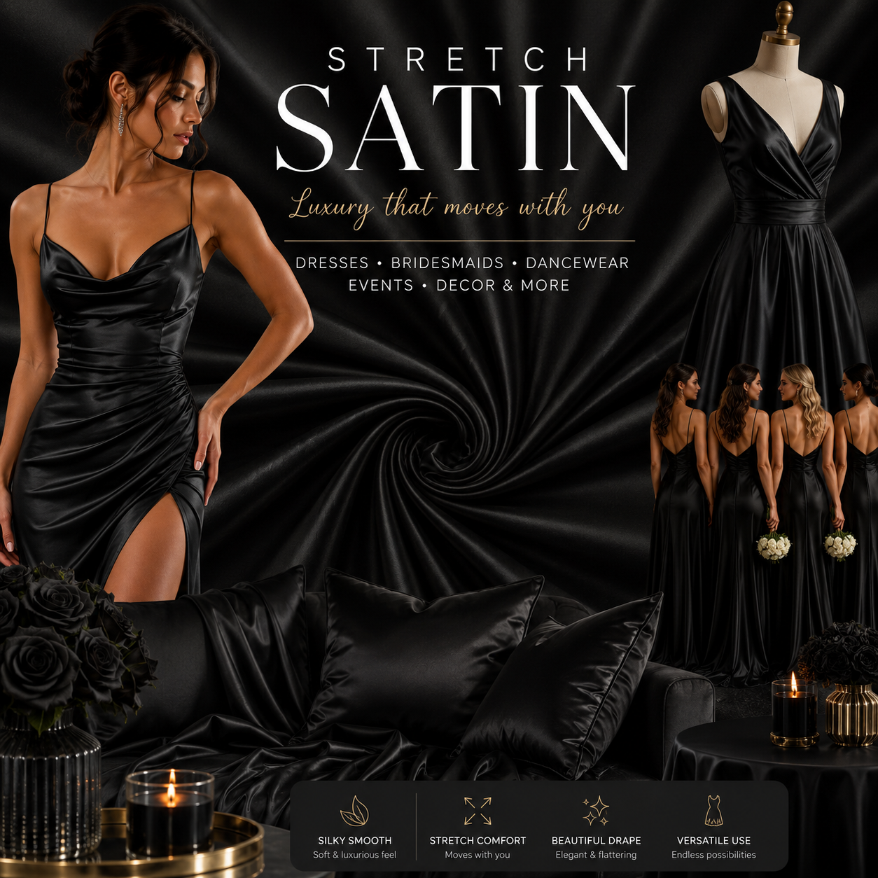 Stretch Satin Jet Black #19 140cm