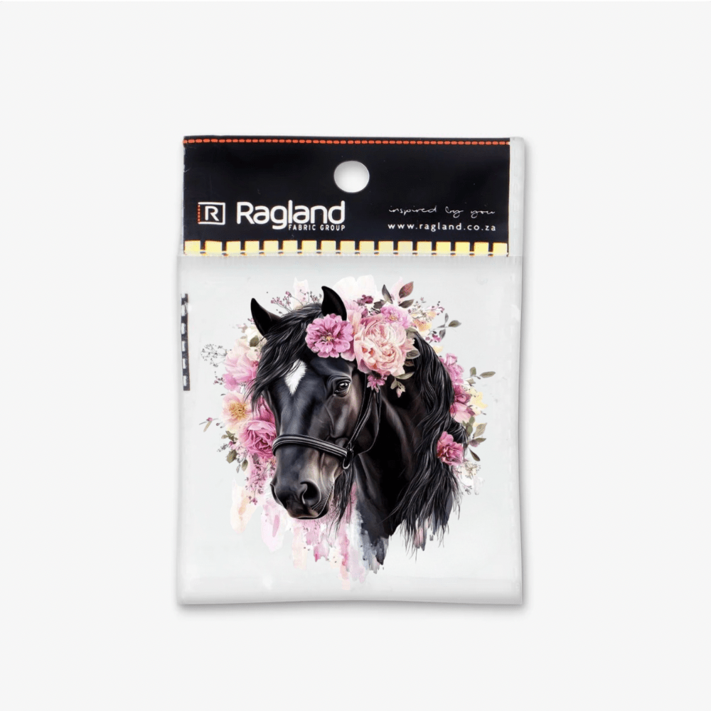 Motif Iron On Badge - Black Horse & Pink Flowers - Ragland Fabrics