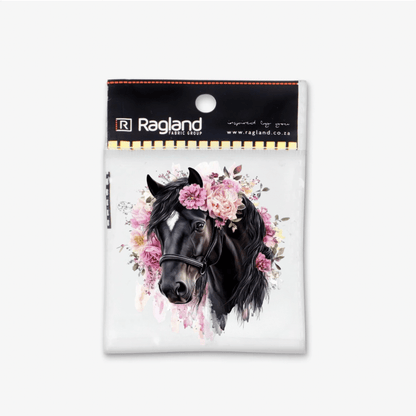 Motif Iron On Badge - Black Horse & Pink Flowers - Ragland Fabrics