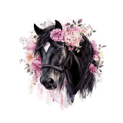 Motif Iron On Badge - Black Horse & Pink Flowers - Ragland Fabrics