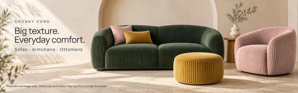 Chunky Cord upholstery inspiration: Spruce sofa, Bisque armchair and Ceylon ottoman. Big texture. Everyday comfort.