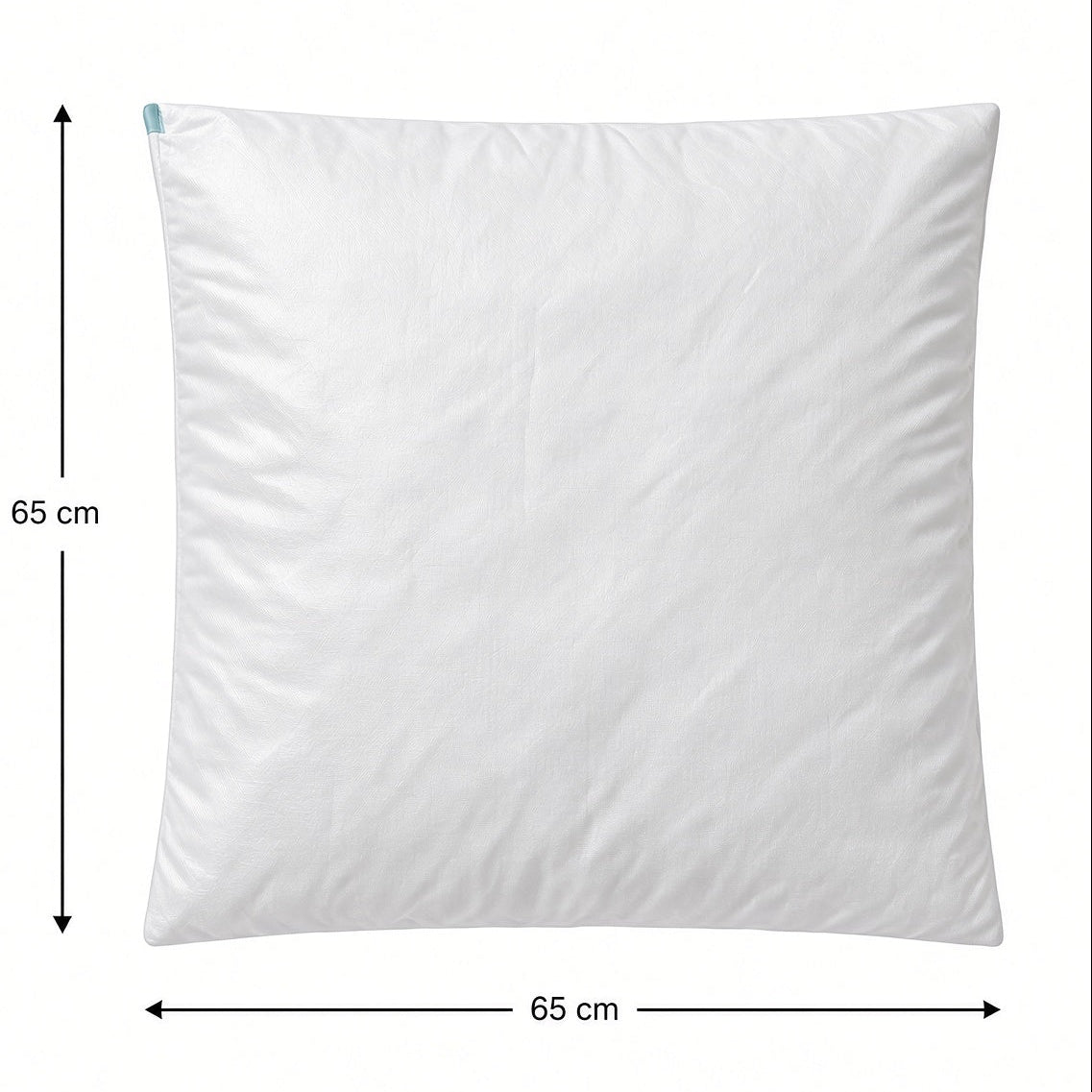 A square white cushion inner, containing siliconized fibre, shown on a plain white background with black dimension arrows and text indicating 65 cm length and 65 cm width.
