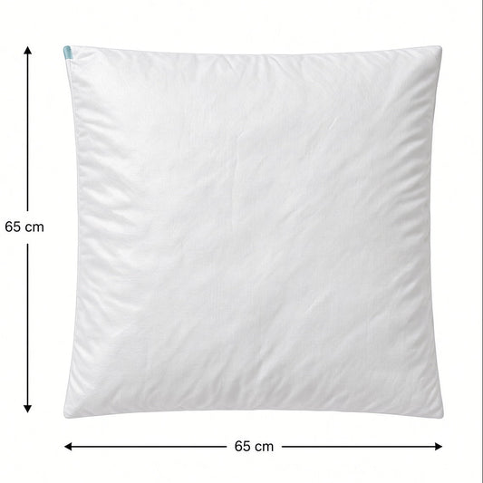 A square white cushion inner, containing siliconized fibre, shown on a plain white background with black dimension arrows and text indicating 65 cm length and 65 cm width.