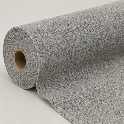 A roll of light gray European Upholstery fabric, partially unrolled to show its textured surface, set against a plain light gray background.