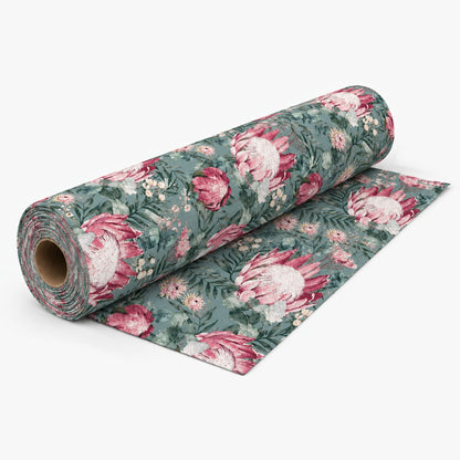Box Weave Furnishing Protea Duck Egg fabric roll with softly shadowed drape on light grey background