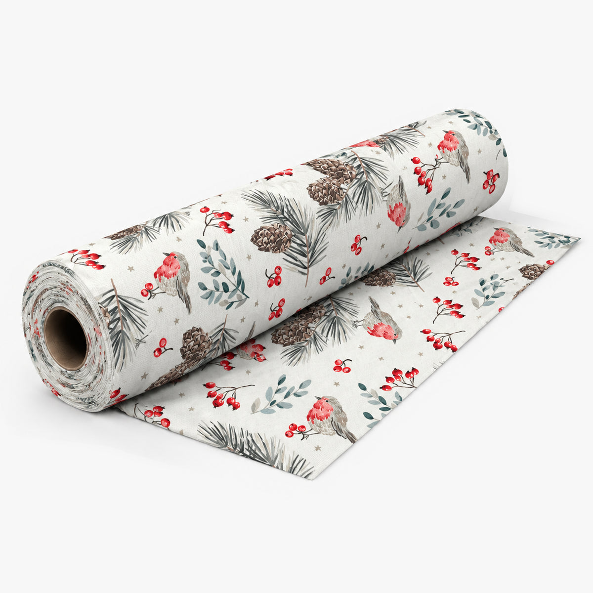 Box Weave Furnishing Robin White fabric roll with softly shadowed drape on light grey background