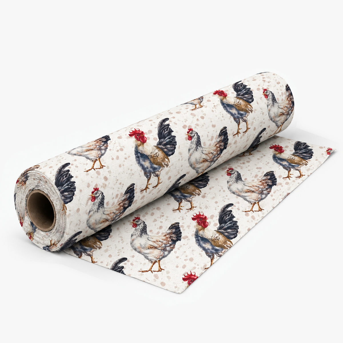 Box Weave Furnishing Rooster fabric roll with softly shadowed drape on light grey background