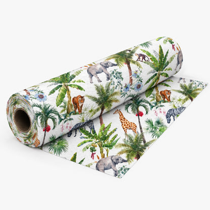 Box Weave Furnishing Tropical Safari White fabric roll with softly shadowed drape on light grey background
