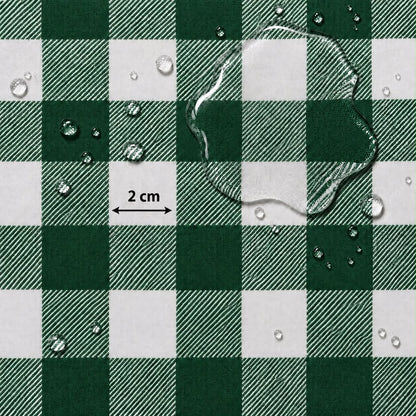 Green and white checkered fabric surface with water droplets and a large puddle on top, plus a small '2 cm' scale marker.