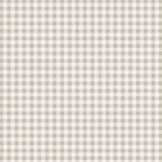 A close-up of a beige and off-white gingham check fabric pattern filling the frame.