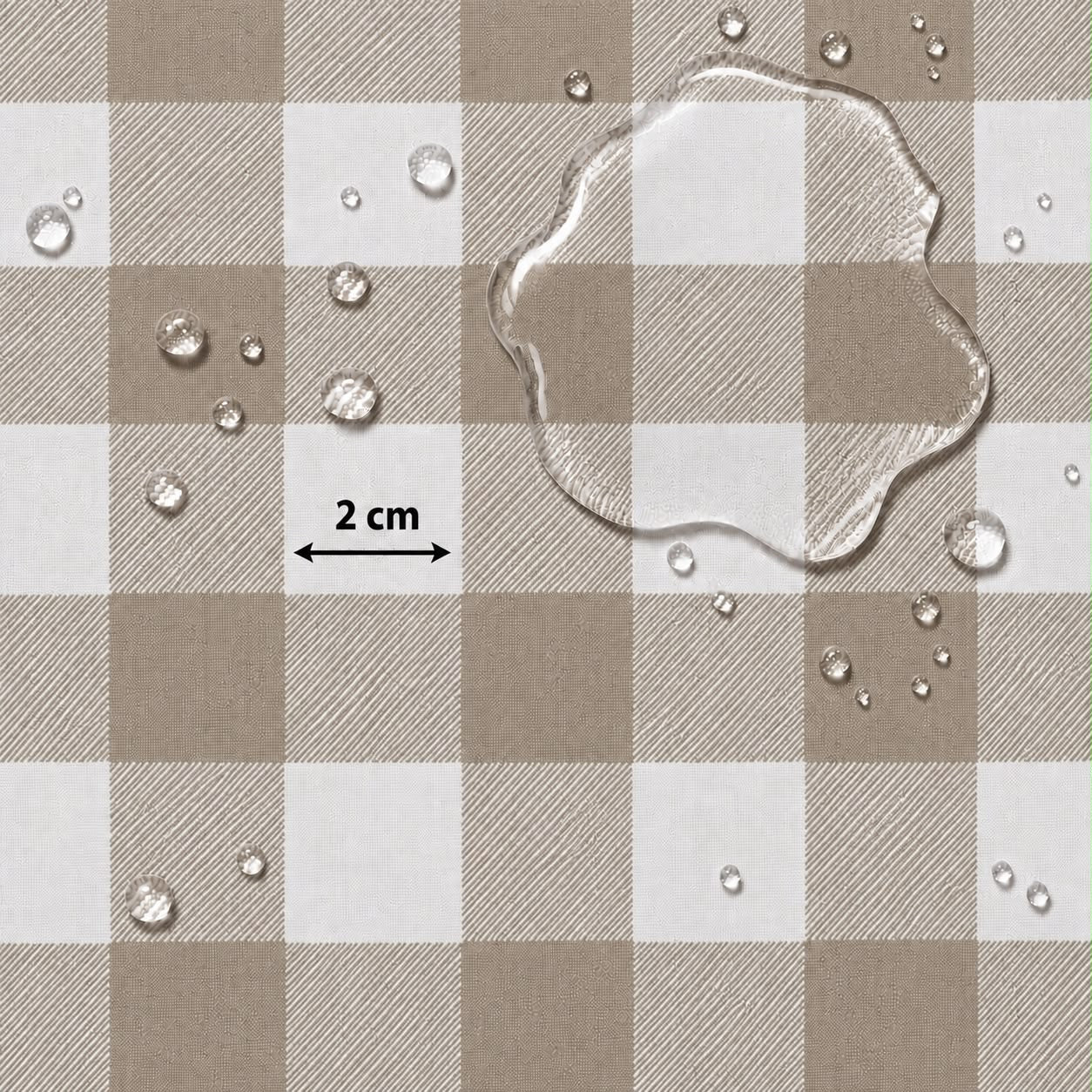 A close-up of a brown and off-white checkered surface with water droplets and a large clear water puddle on top, plus a black '2 cm' arrow indicating scale.