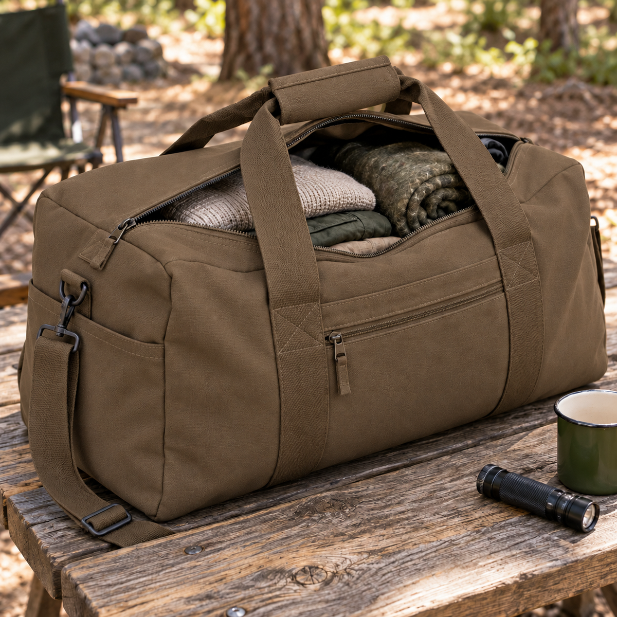 Melvin & Motley Bark canvas practical-use inspiration: roomy camping gear duffel being packed on a dry picnic bench.