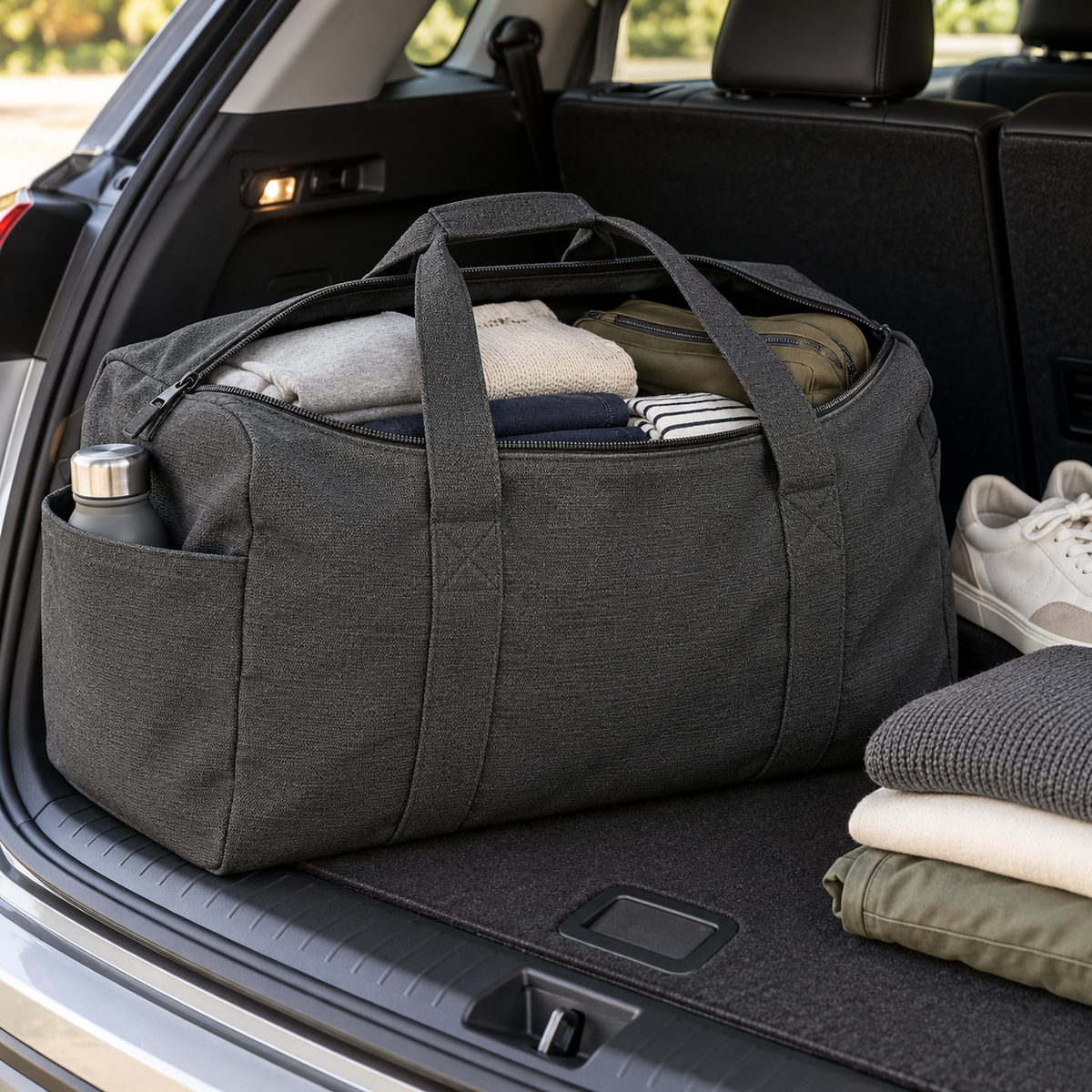 Melvin & Motley Charcoal canvas practical-use inspiration: organized weekend travel duffel in a vehicle boot