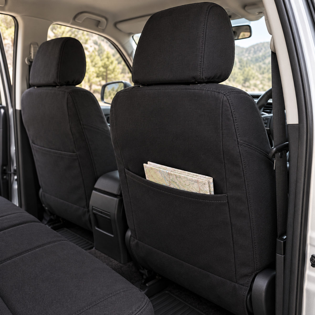 Melvin & Motley Graphite canvas practical-use inspiration: fitted 4x4 seat covers with convenient map pockets.