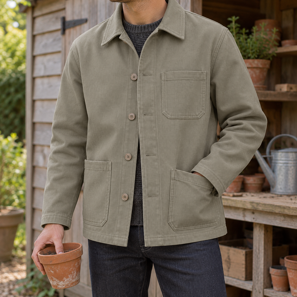 Melvin & Motley Husk canvas practical-use inspiration: heavyweight chore jacket with roomy pockets at a garden shed