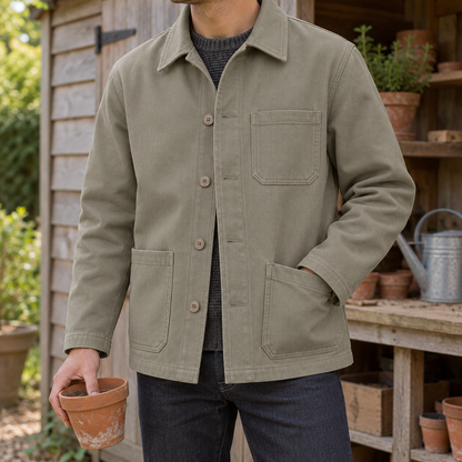 Melvin & Motley Husk canvas practical-use inspiration: heavyweight chore jacket with roomy pockets at a garden shed