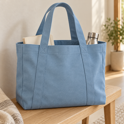 Melvin & Motley Indigo canvas practical-use inspiration: everyday tote carrying a notebook and reusable bottle