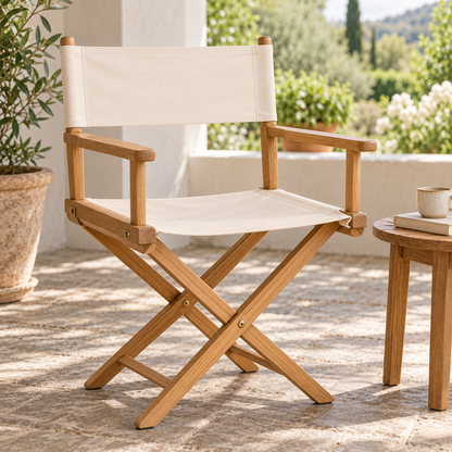 Melvin & Motley Parchment canvas - practical-use inspiration: wooden director's chair on a shaded veranda