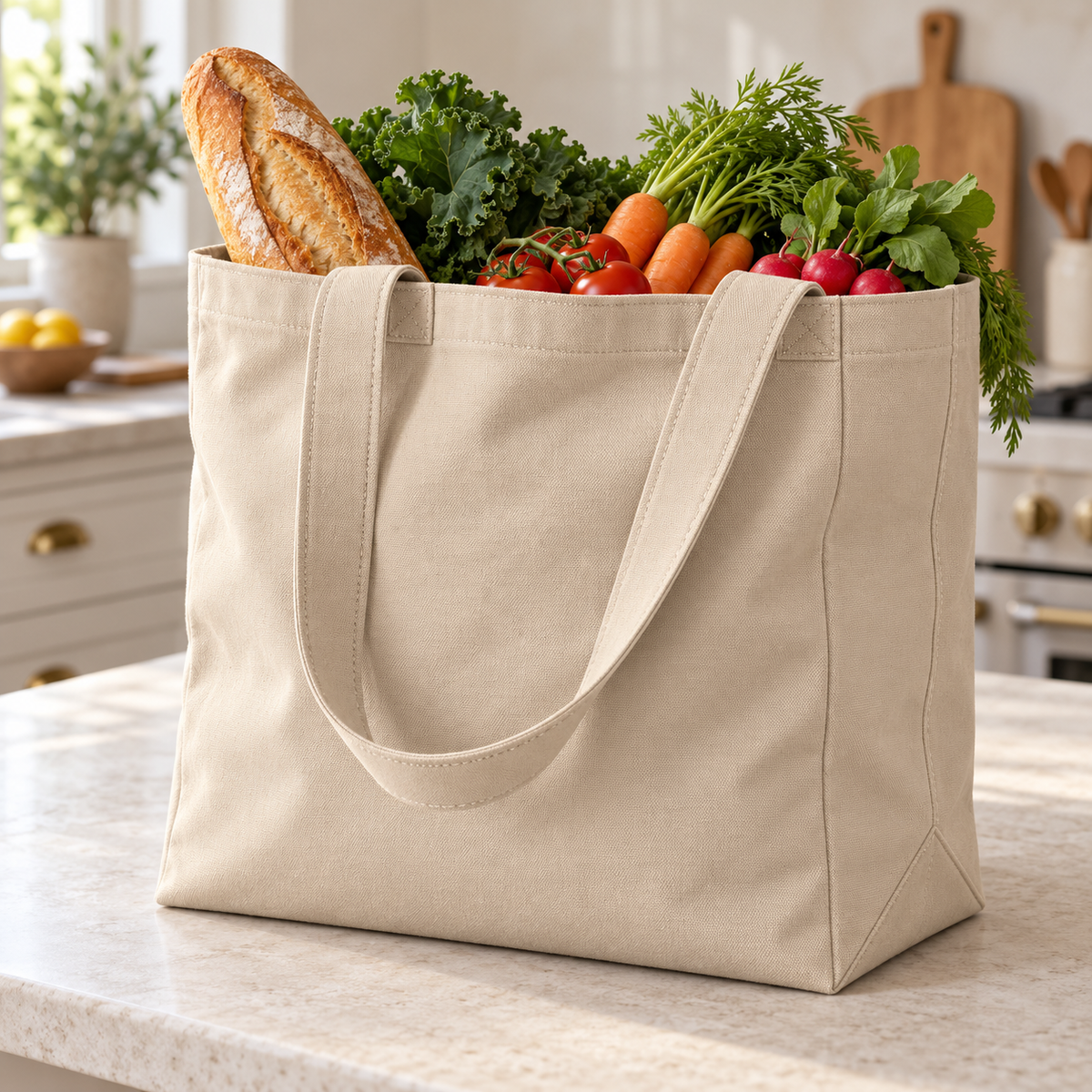 Melvin & Motley Putty canvas - practical-use inspiration: grocery tote carrying bread and vegetables in a kitchen