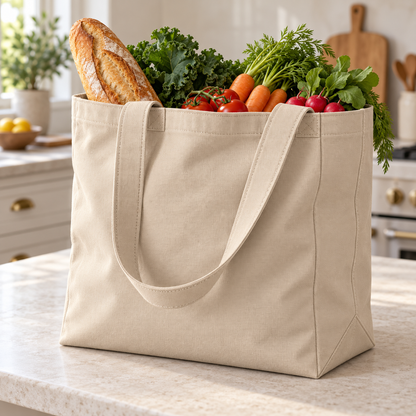 Melvin & Motley Putty canvas - practical-use inspiration: grocery tote carrying bread and vegetables in a kitchen