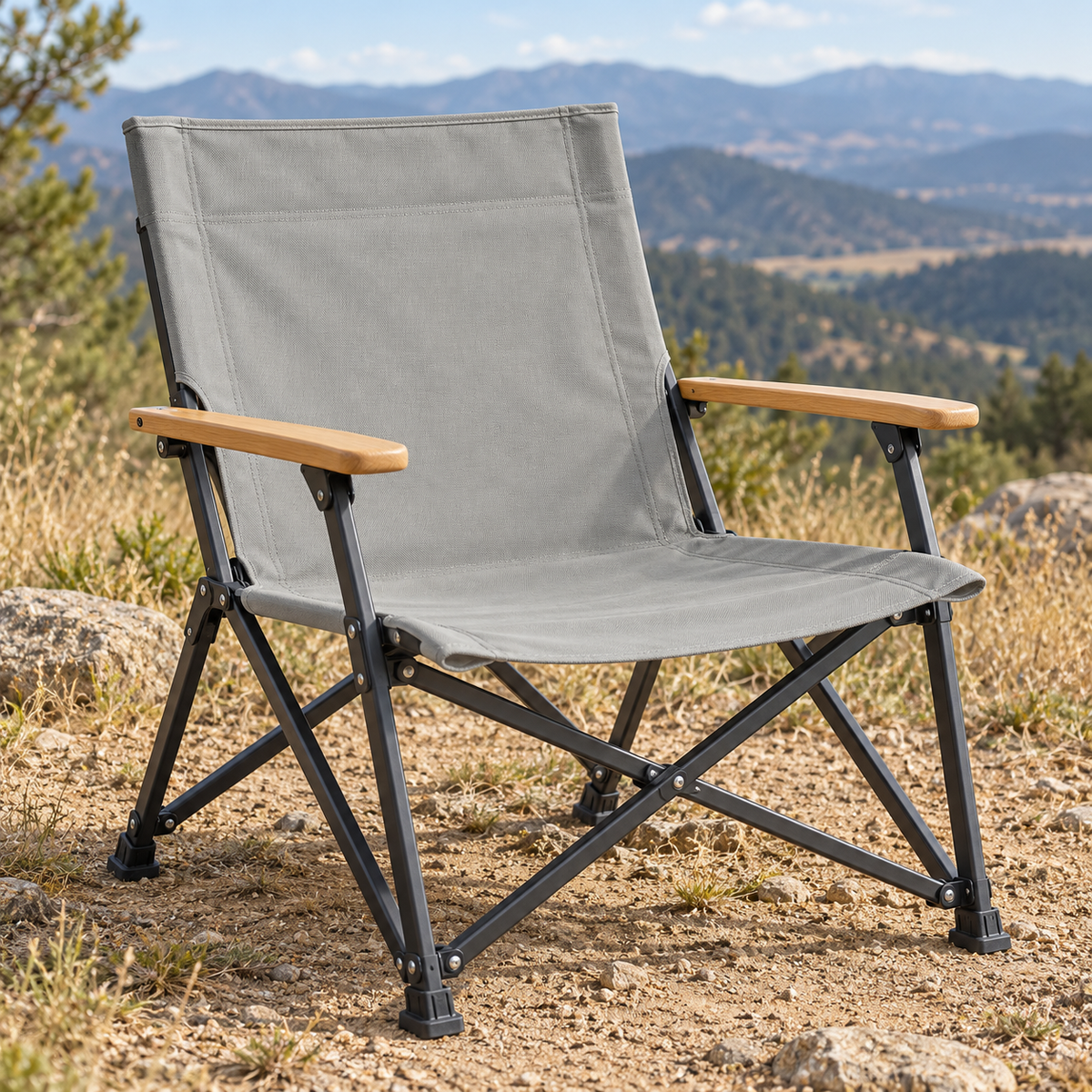 Melvin & Motley Slate J30 canvas - practical-use inspiration: fold-up camping chair at a dry scenic campsite