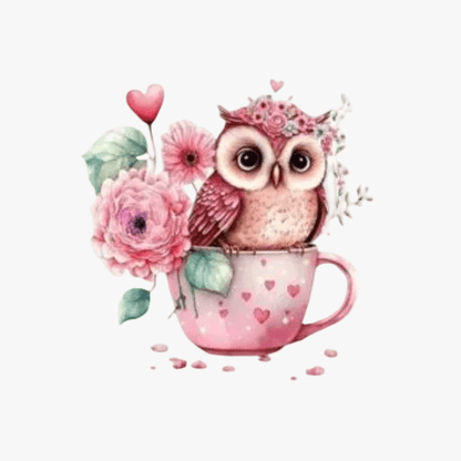 Motif Iron On Badge - Owl In Mug 6.5cmx6.5cm - Ragland Fabrics
