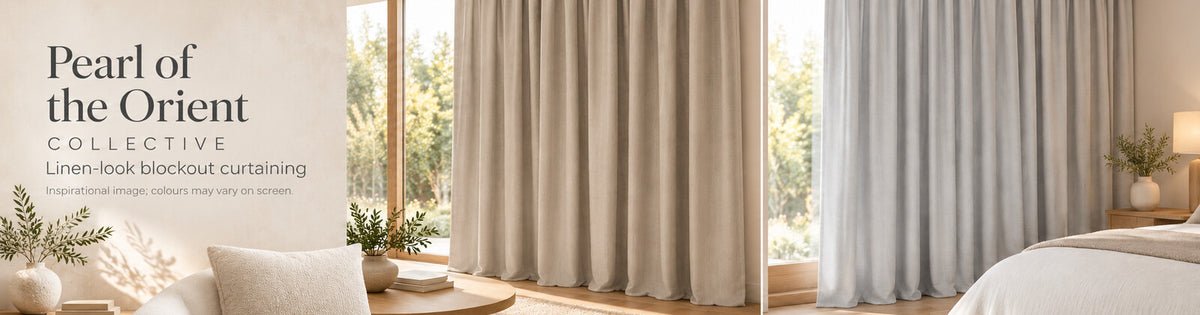 Pearl of the Orient Collective linen-look blockout curtains in Soap Stone and Oyster Grey, shown in living-room and bedroom interiors.