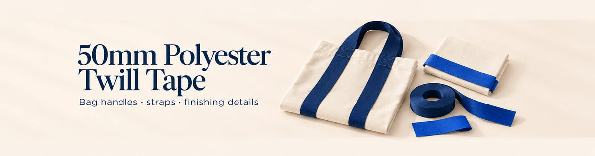 50mm polyester twill tape in navy and royal blue, shown as sewn canvas bag handles, textile edging and loose tape.