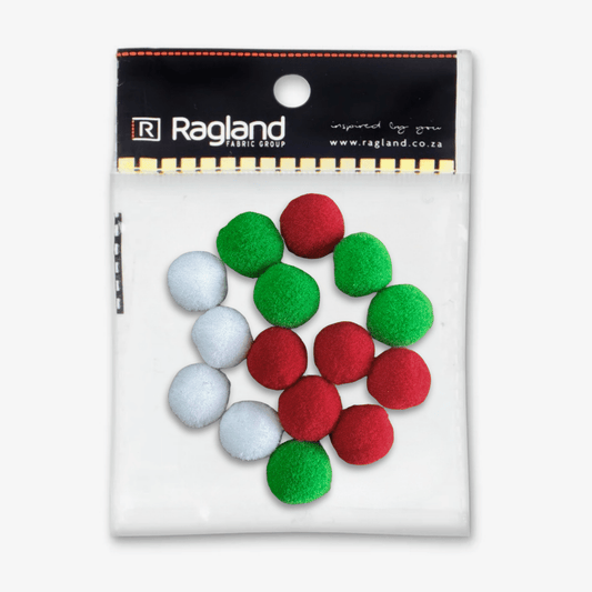 Pom Poms - Red,Green & White 20mm | 15pcs - Ragland Fabrics