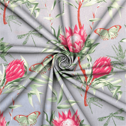 Printed Poly Cotton Protea Grey 115cm - Ragland Fabrics