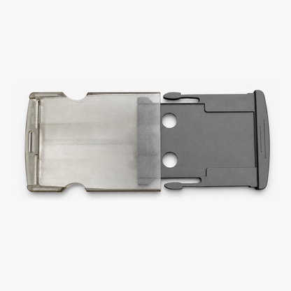 Quick release buckle with translucent smoke-grey housing and dark-grey slide insert