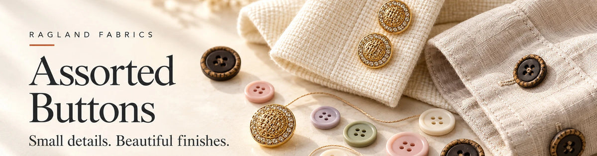 Assorted Buttons — gold embellished and cork-look buttons on ivory tailored cuffs, with pastel craft buttons. Small details. Beautiful finishes.
