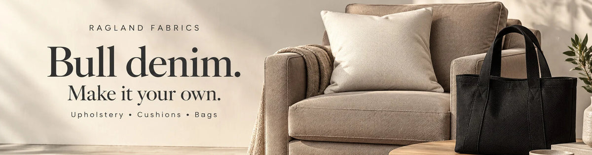 Bull Denim: Sand twill armchair, Natural cushion and Oil black tote. Upholstery, cushions and bags.