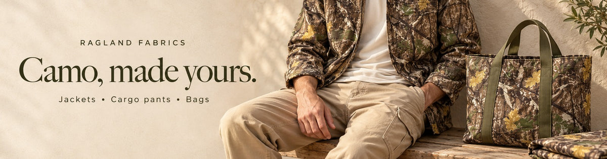 Camo, made yours. Camo overshirt and tote bag, with fabric for jackets, cargo pants and bags.