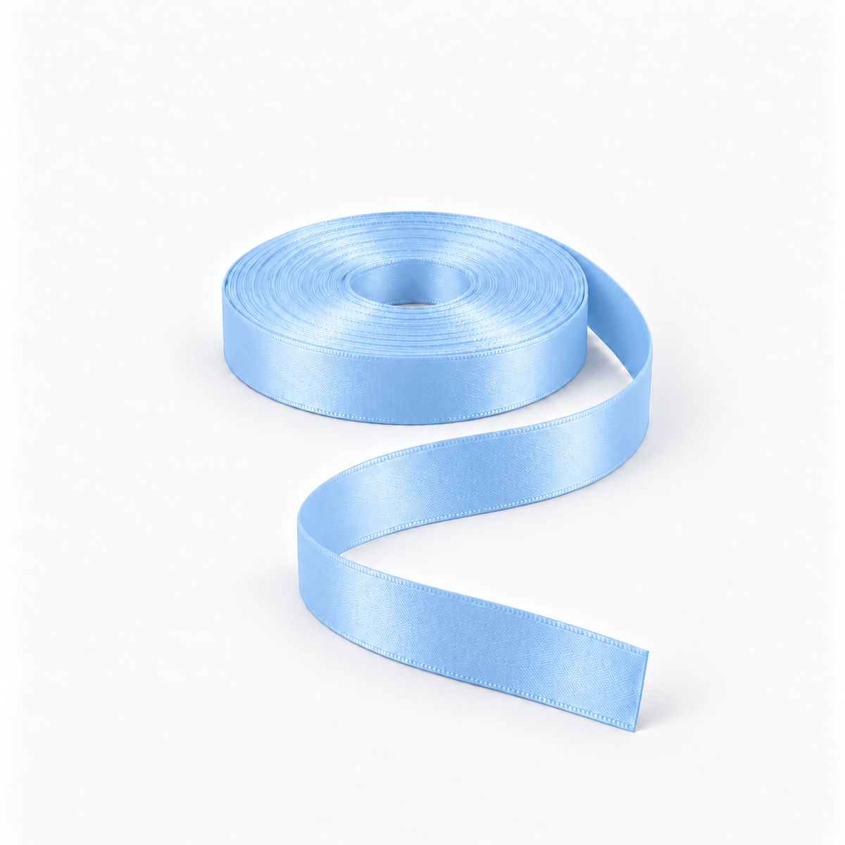 Satin Ribbon 15mm Sky Blue #76, flat coil with flowing S-shaped satin ribbon.