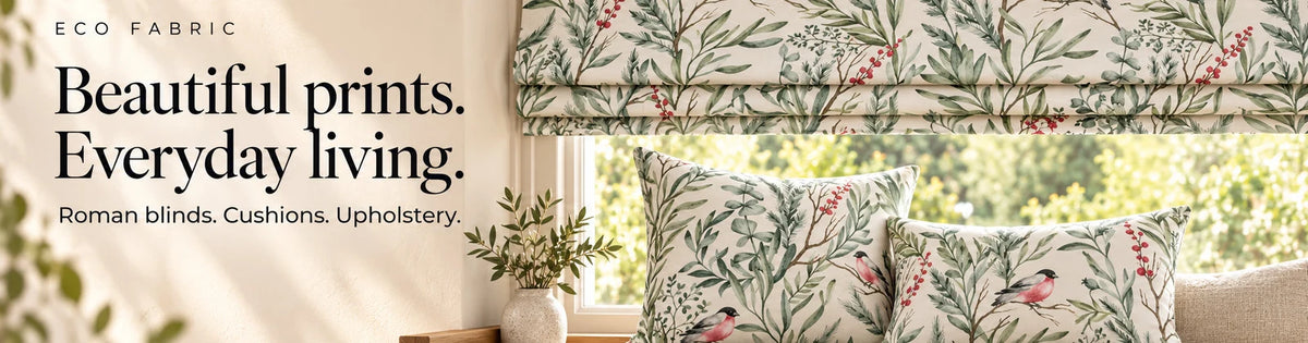 Eco Fabric Robin White styled as a Roman blind and scatter cushions. Beautiful prints. Everyday living.