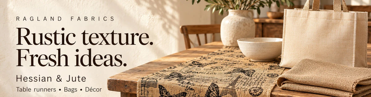 Hessian and Jute: butterfly-print table runner, woven tote bag and folded natural fabric. Rustic texture. Fresh ideas.