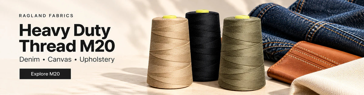 Ragland Fabrics Heavy Duty Thread M20 in beige, black and army, with denim, canvas and leather stitching samples.