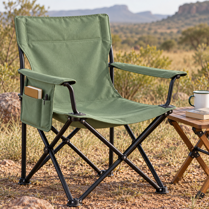Dark Olive poly cotton canvas application inspiration: comfortable folding camp chair with handy storage pouch