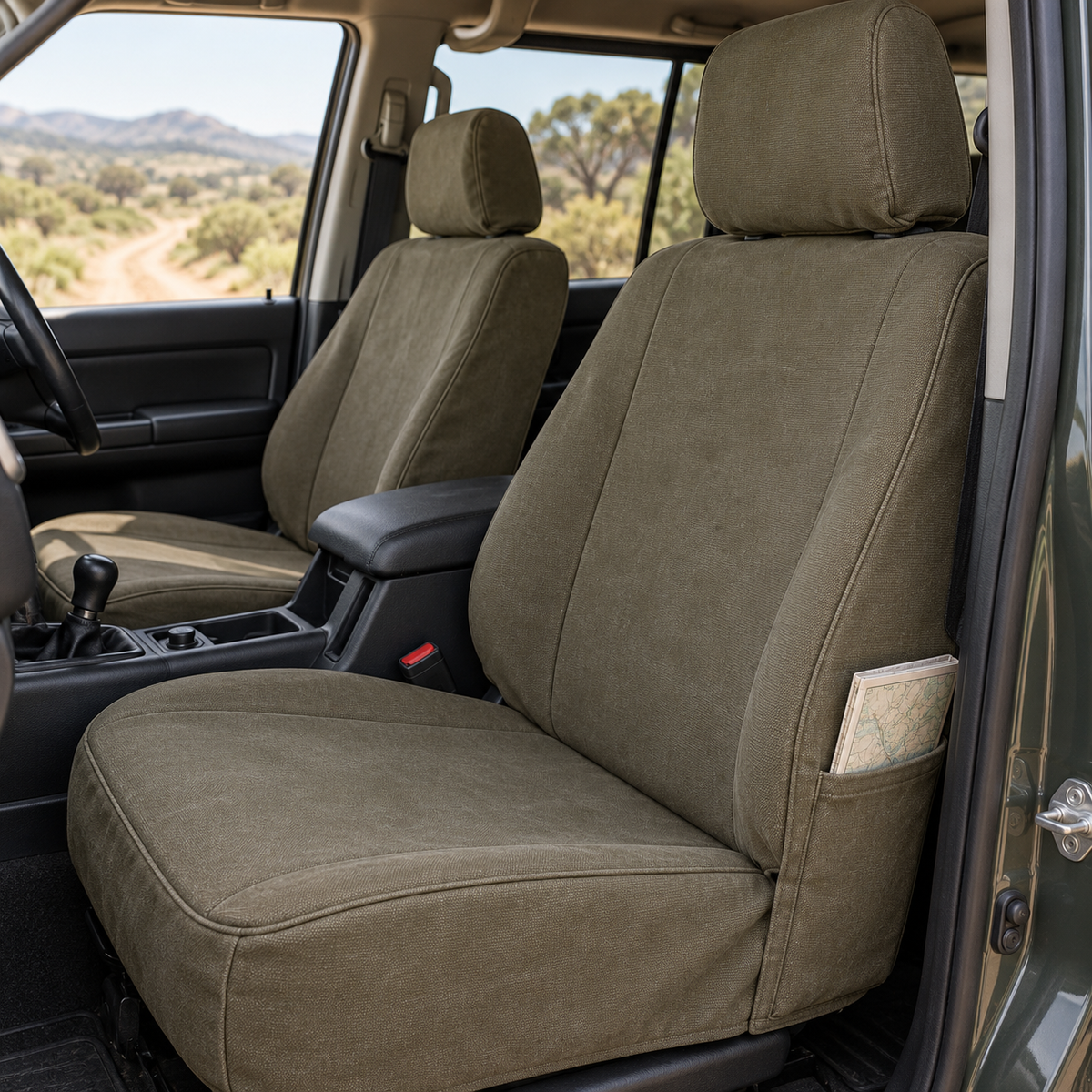 Shadow poly cotton canvas application inspiration: fitted 4x4 seat covers with a handy map pocket