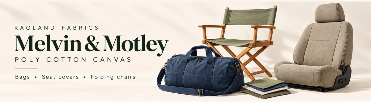 Melvin and Motley poly cotton canvas use-case inspiration: navy duffel bag, olive folding director’s chair and khaki 4x4 seat cover.